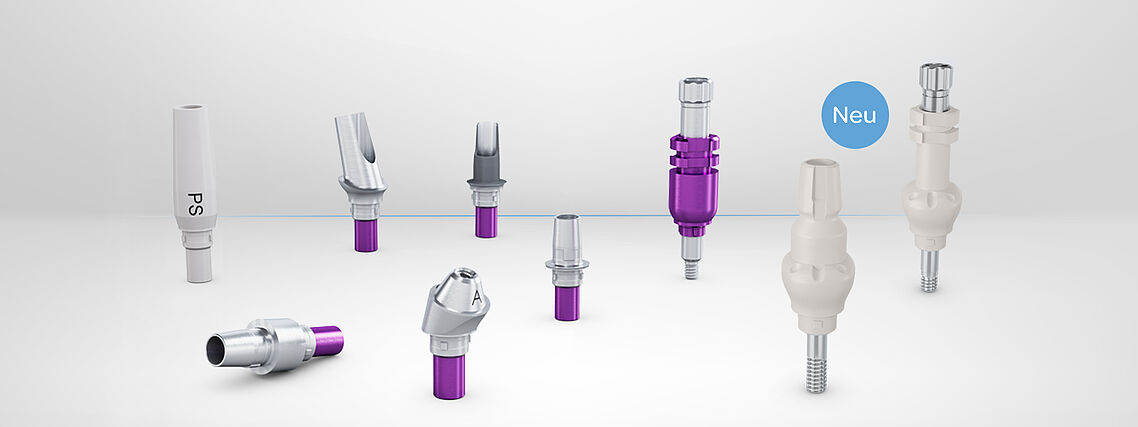 CAMLOG Prothetik Arrangement Das Banner zeigt Prothetikkomponenten des CAMLOG Implantats. Neu: anatomisch vorgeformte Abformpfosten