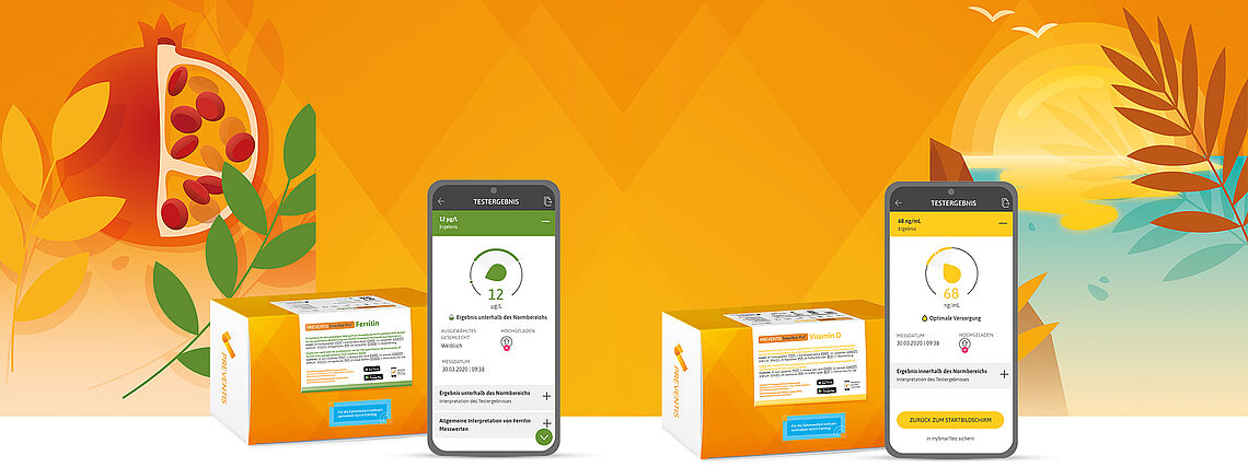 Produktverpackungen von Ferritin und Vitamin-D inkl. entsprechendem Handyscreen des Testergebnisses vor Marketingbanner Preventis - Granatapfel und Sonnenuntergang farbig illustriert