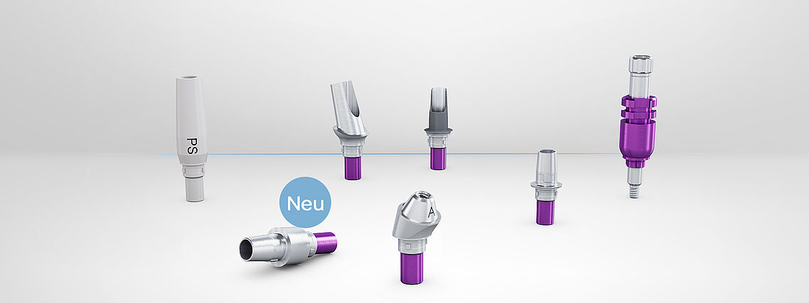 CAMLOG Prothetik Arrangement Das Banner zeigt Prothetikkomponenten des CAMLOG Implantats. Neu: Titanbasen CAD/CAM mit zusätzlichen Gingivahöhen von 1.5 und 3.0 mm, sowie Platform Switching.