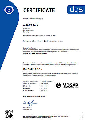 Zertifikat nach EN ISO 13485:2016 – DQS Quality Management Certificate