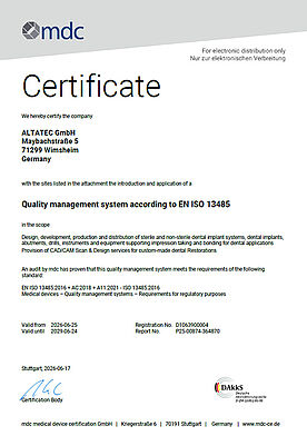 Zertifikat nach EN ISO 13485:2016 - mdc Quality Management
